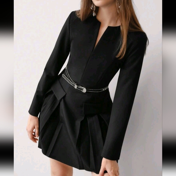 NOTCHED V NECK PLEATED DRESS - Picture 3 of 4